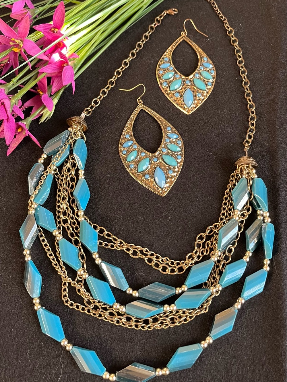 Boho Gold Multi Strand Turquoise Statement Necklace & Earring Set